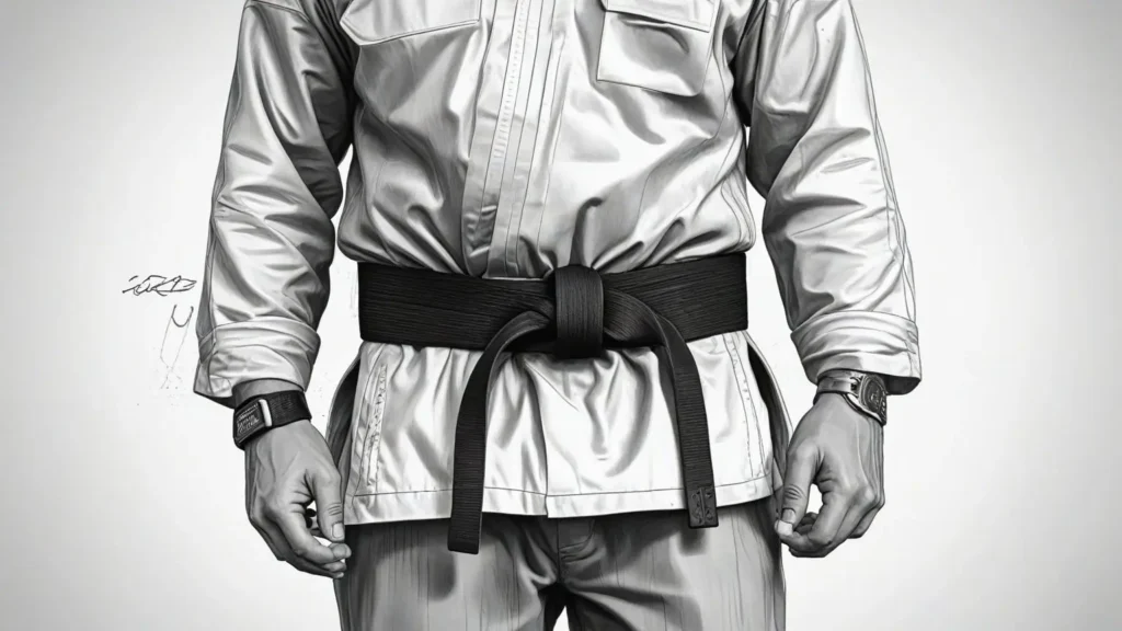 Indivíduo praticando chute de karatê em dojo com piso de madeira e paredes de bambu, vestido com uniforme preto.